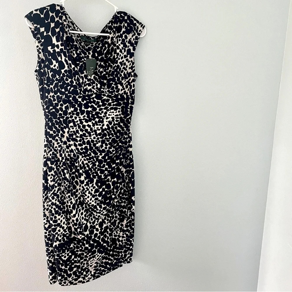 Ralph Lauren navy blue and white spotted midi scrunch wrap dress size 6 NWT